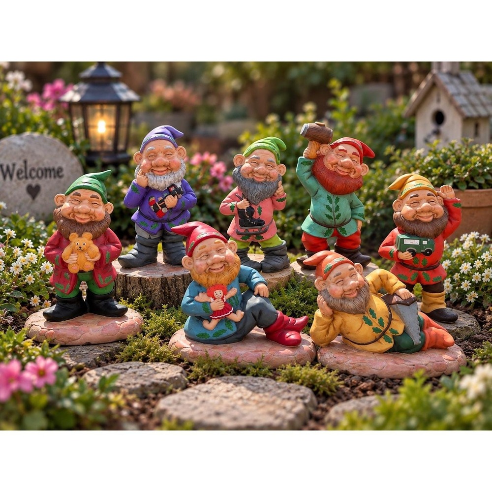 Vintage 1974 Judy Signed Garden Gnomes Set of 7 hand painted Whimsical Figurines